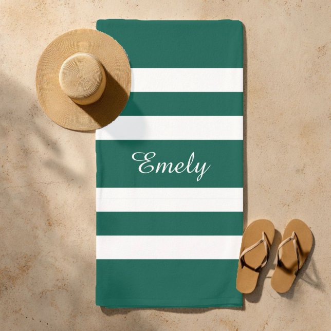 Modern Elegant Green White Stripes Pattern Name Beach Towel (Modern Elegant Green Stripes Pattern Name Beach Towel)
