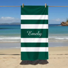 Modern Elegant Green White Stripes Pattern Name Beach Towel