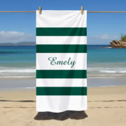 Modern Elegant Green White Stripes Pattern Name Beach Towel