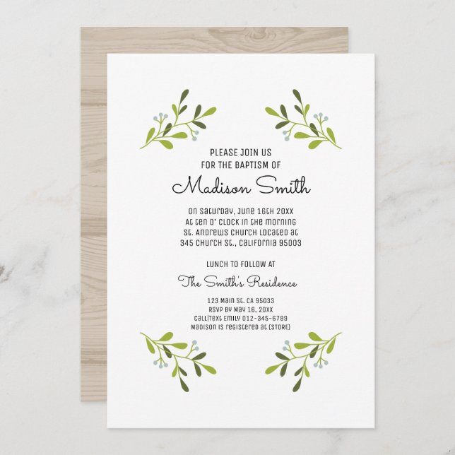 Modern Elegant Greenery Baptism Invitation (Front/Back)