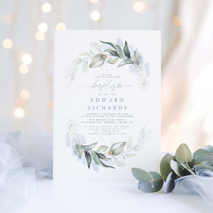 Modern Elegant Greenery Dusty Blue Baptism Invitation