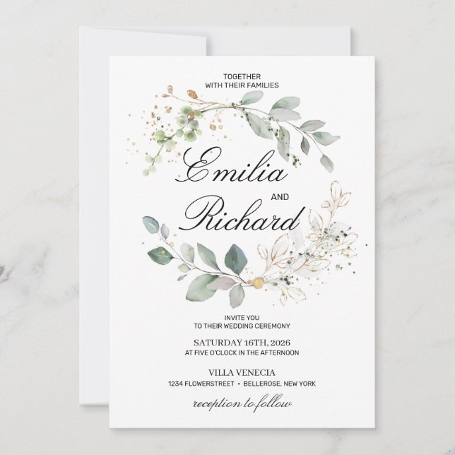 Modern elegant greenery eucalyptus and gold invitation (Front)