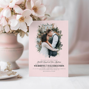 Modern Elegant Greenery Photo Overlay Wedding Invitation