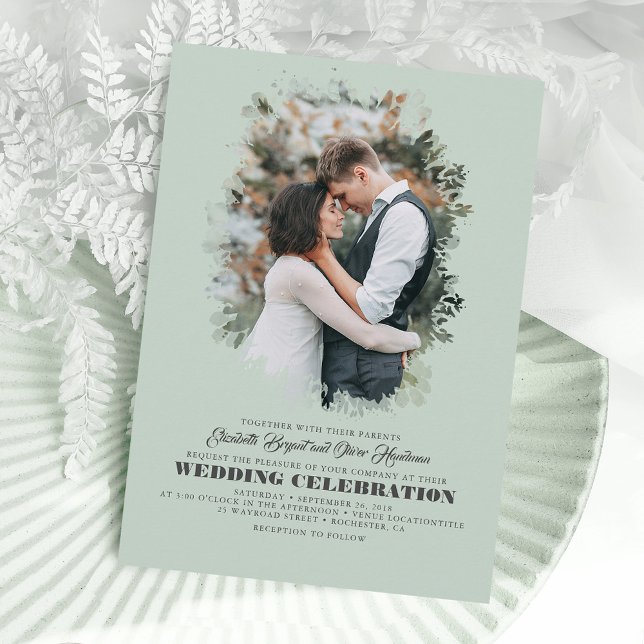 Modern Elegant Greenery Photo Overlay Wedding Invitation (Creator Uploaded)