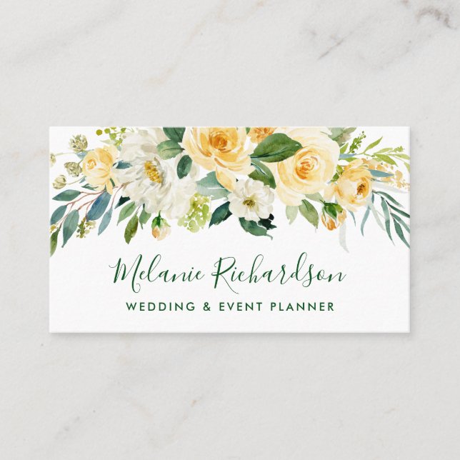 Modern Elegant Greenery Yellow Floral Green Business Card (Front)