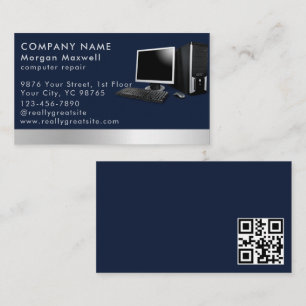 Modern Elegant Grey Blue Circuit Computer qr code Business Card