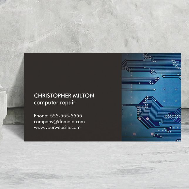Modern Elegant Grey Blue Circuit Computer Repair Business Card (Creator Uploaded)