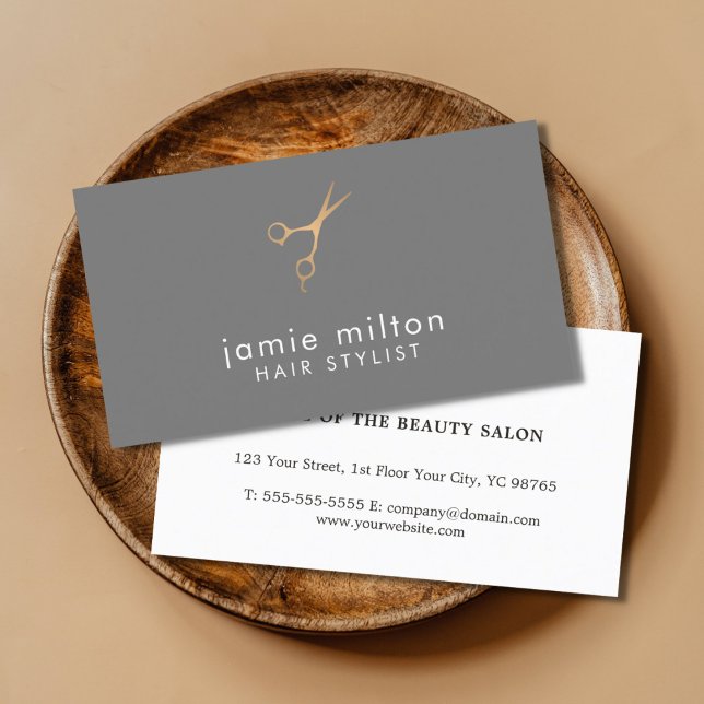 Modern Elegant Grey Faux Gold Scissors HairStylist Business Card (Creator Uploaded)