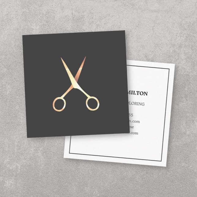 Modern Elegant Grey Faux Gold Scissors HairStylist Square Business Card (Creator Uploaded)