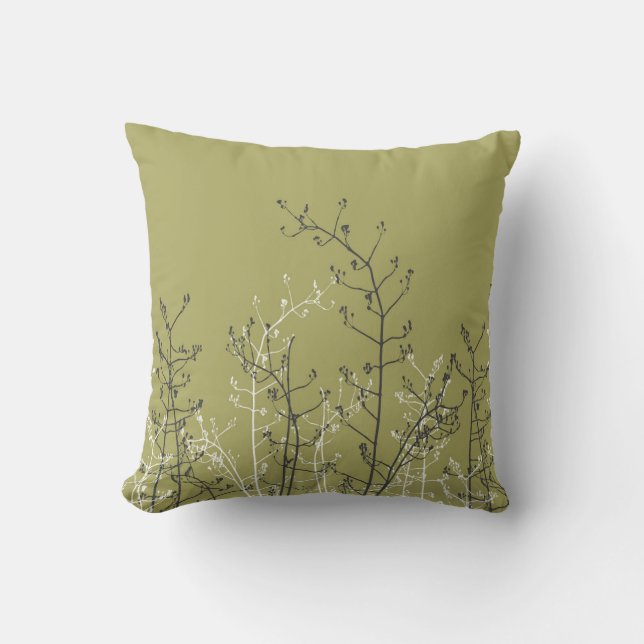 Modern Elegant Grey Flowers on Neutral Olive Green Cushion (Front)
