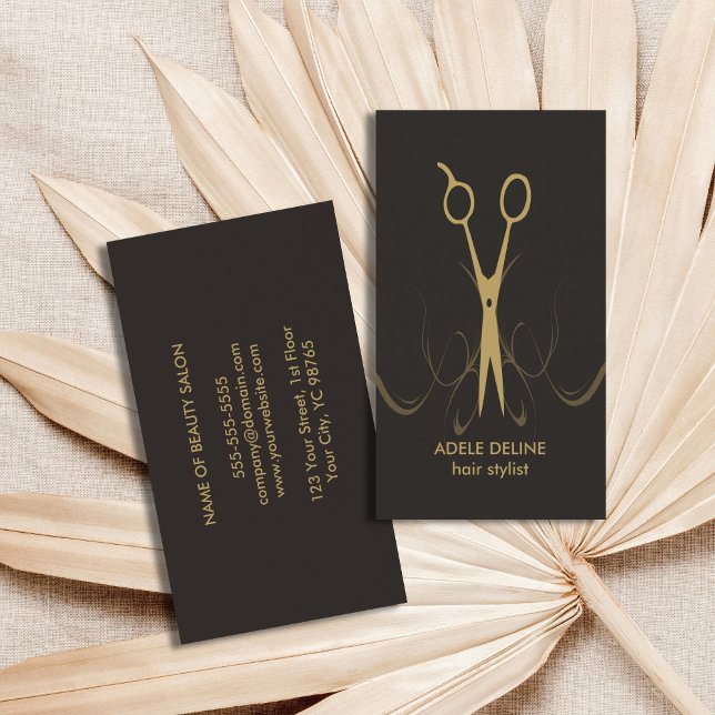 Modern Elegant Grey Gold Elegant Hair Stylist Business Card (Creator Uploaded)