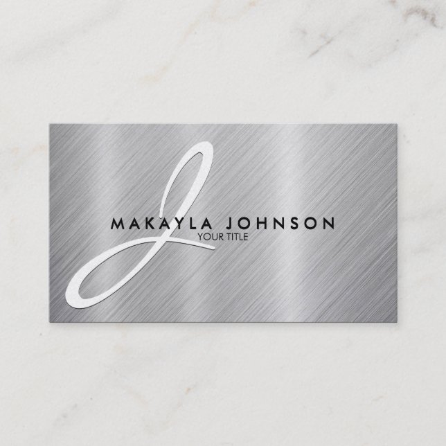 Modern & Elegant Grey Monogram Brushed Aluminium Business Card (Front)