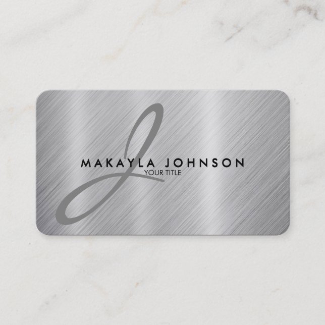 Modern & Elegant Grey Monogram Brushed Aluminium Business Card (Front)