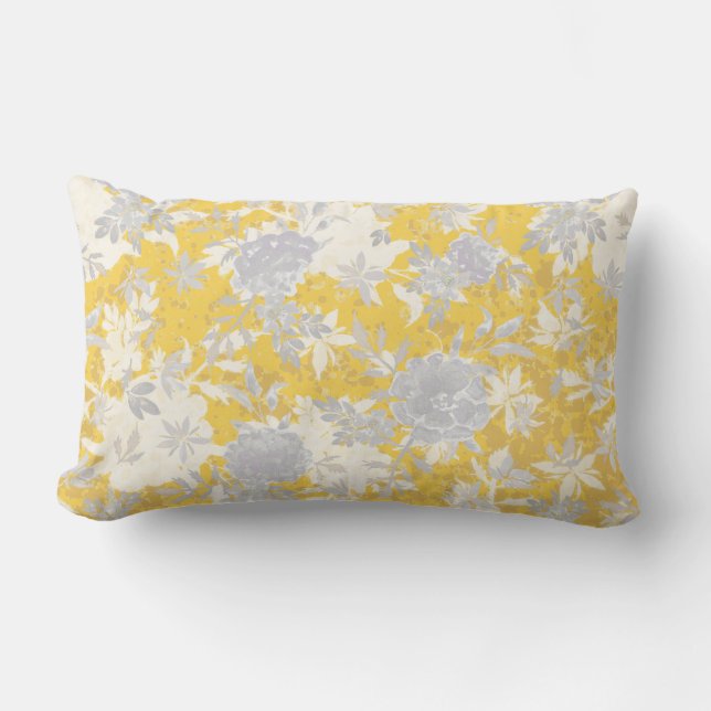 Modern Elegant Grey Mustard Yellow Marigold Floral Lumbar Cushion (Front)