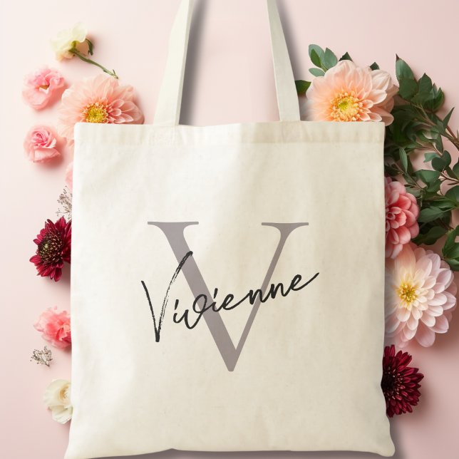 Modern Elegant Grey Personalised Monogram Tote Bag (Modern Elegant Grey Personalized Monogram Tote Bag)
