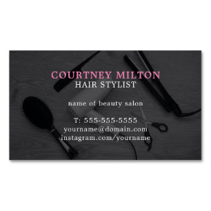 Modern Elegant Grey Pink Hair Stylist Magnetic Business Card