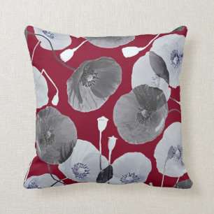 Modern Elegant Grey Poppy Flowers Burgundy Cushion