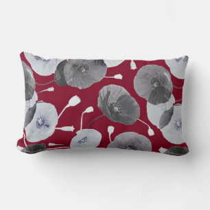 Modern Elegant Grey Poppy Flowers Burgundy Lumbar Cushion