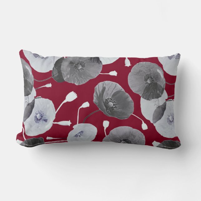 Modern Elegant Grey Poppy Flowers Burgundy Lumbar Cushion (Front)