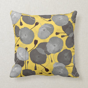 Modern Elegant Grey Poppy Flowers Mustard Yellow Cushion