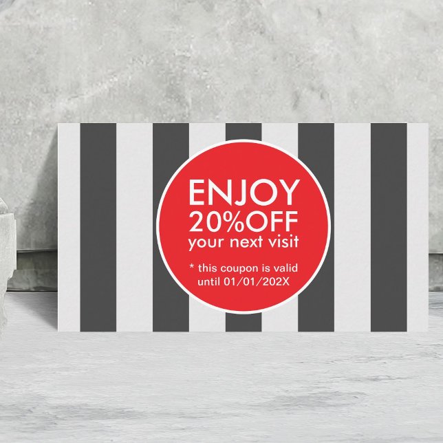 Modern Elegant Grey Stripes Red Circle Bold Discount Card (Creator Uploaded)