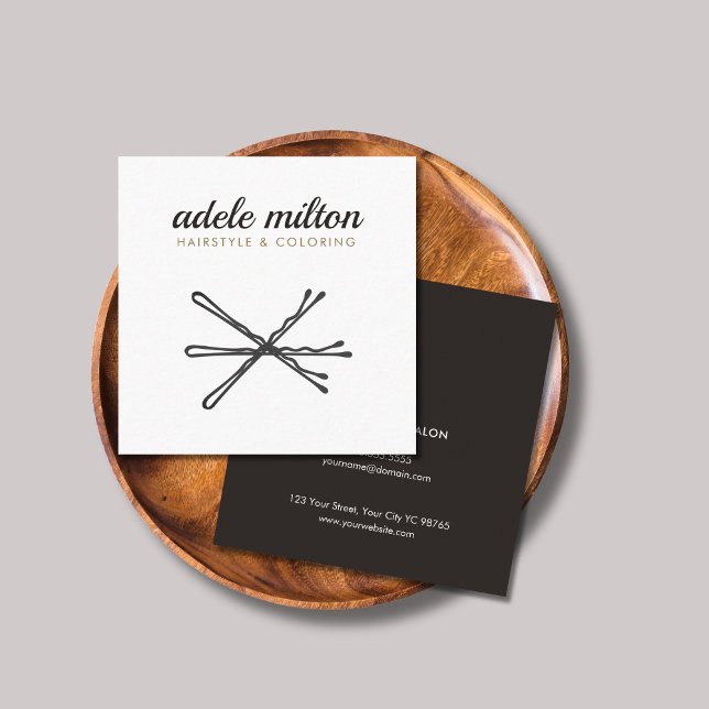 Modern Elegant Grey White Bobby Pins Hairstylist Square Business Card (Creator Uploaded)