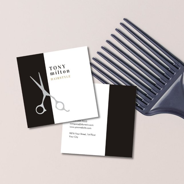 Modern Elegant Grey White Stripes Hair Stylist Square Business Card (Creator Uploaded)
