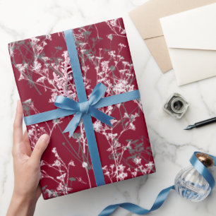 Modern Elegant Grey Wildflowers on Burgundy Red Wrapping Paper