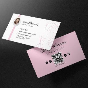 Modern Elegant Hairstylist Photo Pink QR Code Business Card