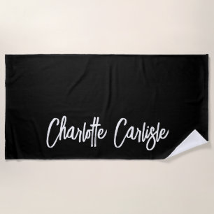 Modern Elegant Hand Lettered Script Black Beach Towel