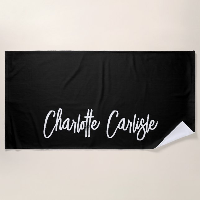 Modern Elegant Hand Lettered Script Black Beach Towel (Front)