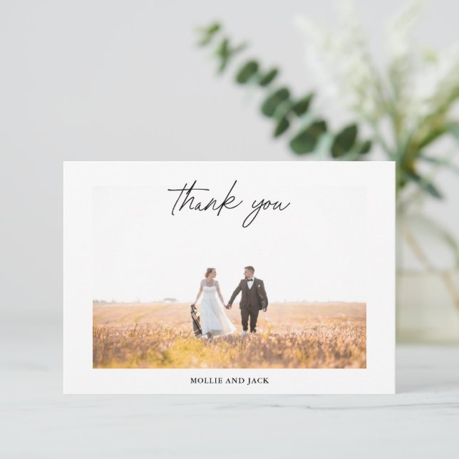 Modern Elegant Handwriting Script Wedding Photo Th Thank You Card (Standing Front)