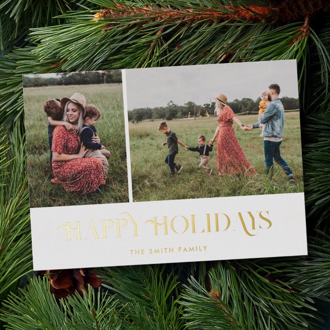 Modern Elegant Happy Holidays 2 Photo Foil Holiday Card (Creator Uploaded)