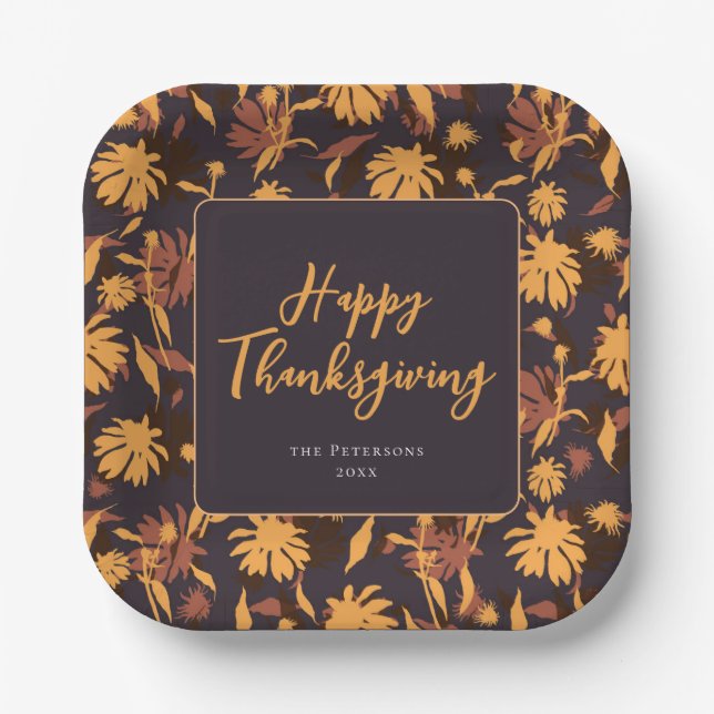 Modern Elegant Happy Thanksgiving Coneflowers Paper Plate (Front)