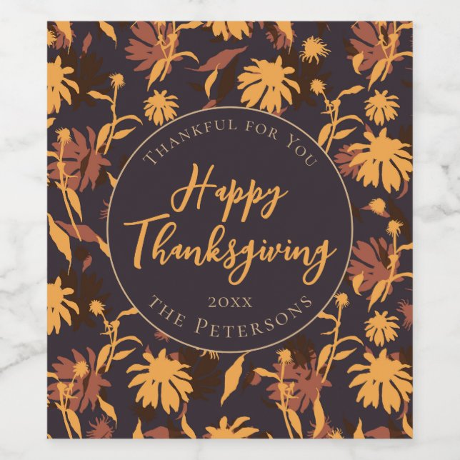Modern Elegant Happy Thanksgiving Coneflowers Wine Label (Single Label)