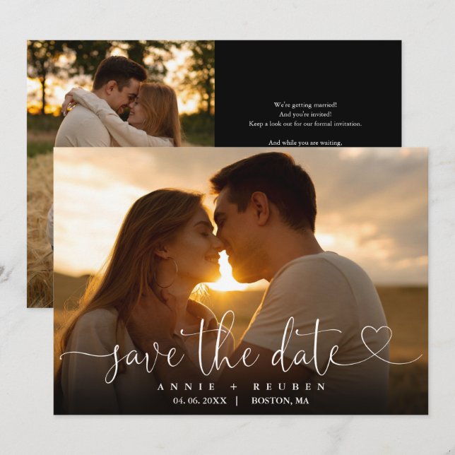 Modern Elegant Heart Script Photo Wedding Save The Date (Front/Back)