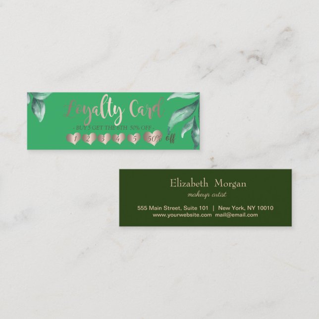 Modern Elegant Hearts,Leaves Mint Green  Loyalty Card (Front/Back)