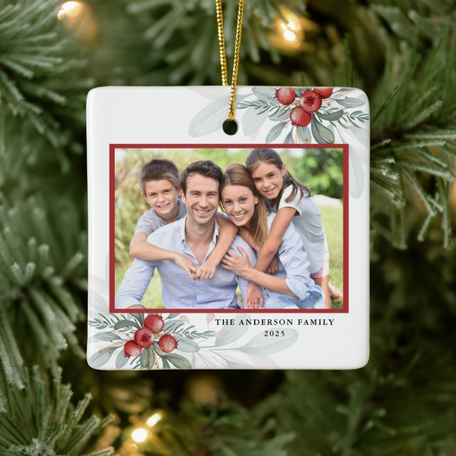 Modern Elegant Holiday Greenery 2 Photo Christmas Ceramic Ornament (Tree)