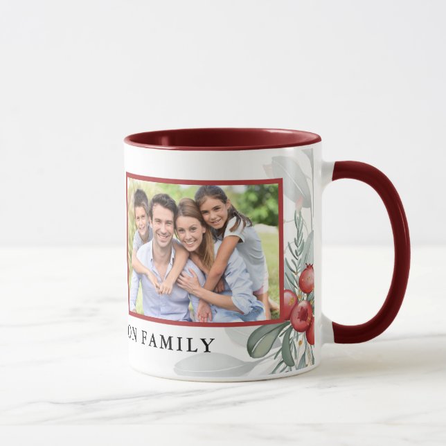 Modern Elegant Holiday Greenery Photo Christmas Mug (Right)