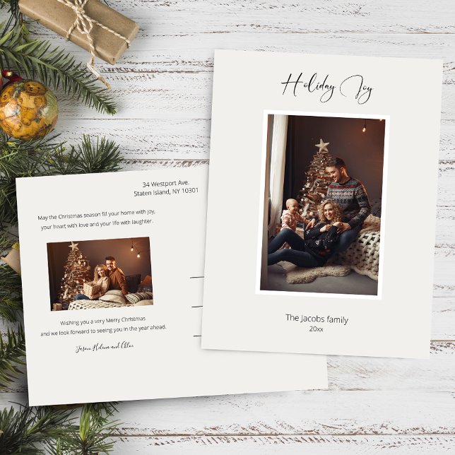 Modern Elegant Holiday Joy Script Photo Postcard (Creator Uploaded)