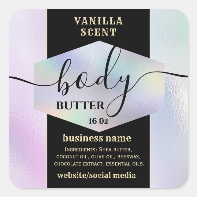 Modern elegant holograph script body butter label (Front)