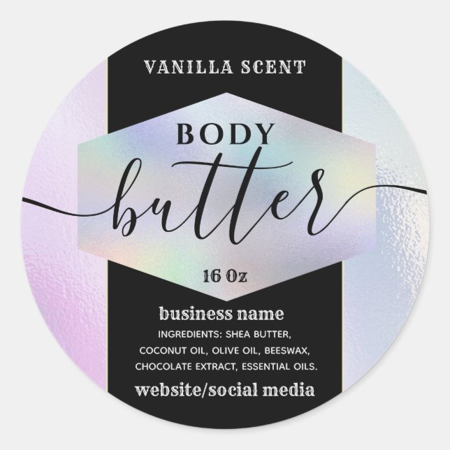 Modern elegant holograph script body butter label (Front)