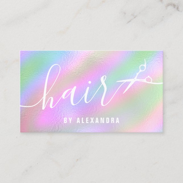 Modern elegant holographic hairstylist scissors business card (Front)