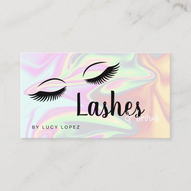Modern elegant holographic lashes & brows business card (Front)