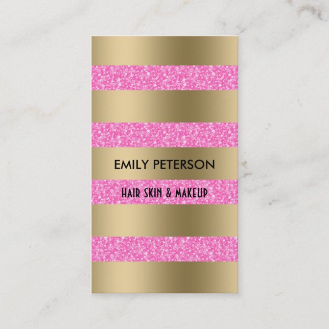 Modern Elegant Hot Pink Glitter And Gold Stripes Business Card (Front)
