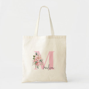 Modern Elegant Initial Name Pink Floral Monogram Tote Bag