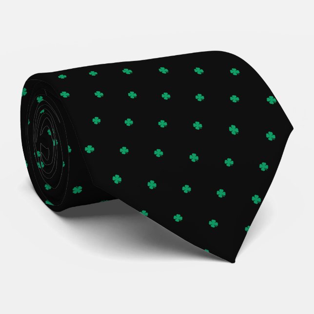 Modern Elegant Irish Shamrock Green Clover Black Tie (Rolled)