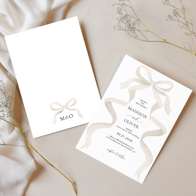 Modern Elegant Ivory Beige Bow Monogram Wedding Invitation (Creator Uploaded)