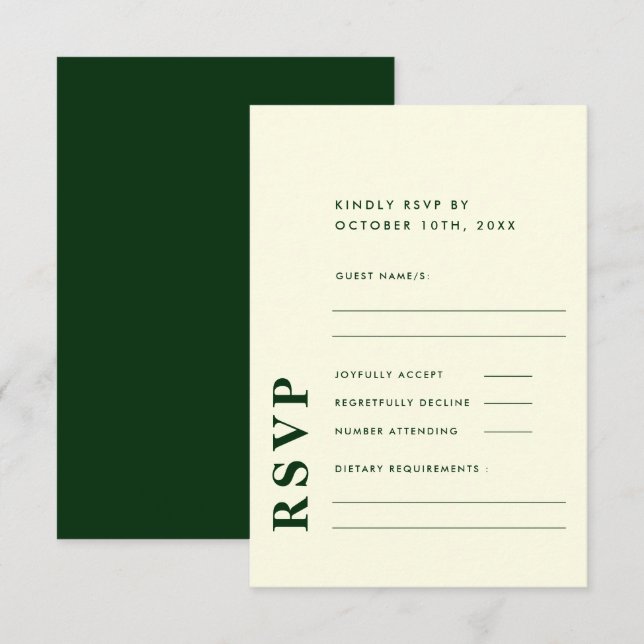 Modern Elegant Ivory & Green Simple Wedding  RSVP Card (Front/Back)