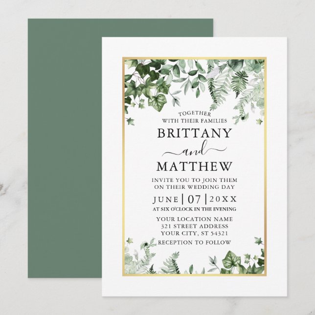 Modern Elegant Ivy Ferns Sage Green Gold Wedding Invitation (Front/Back)